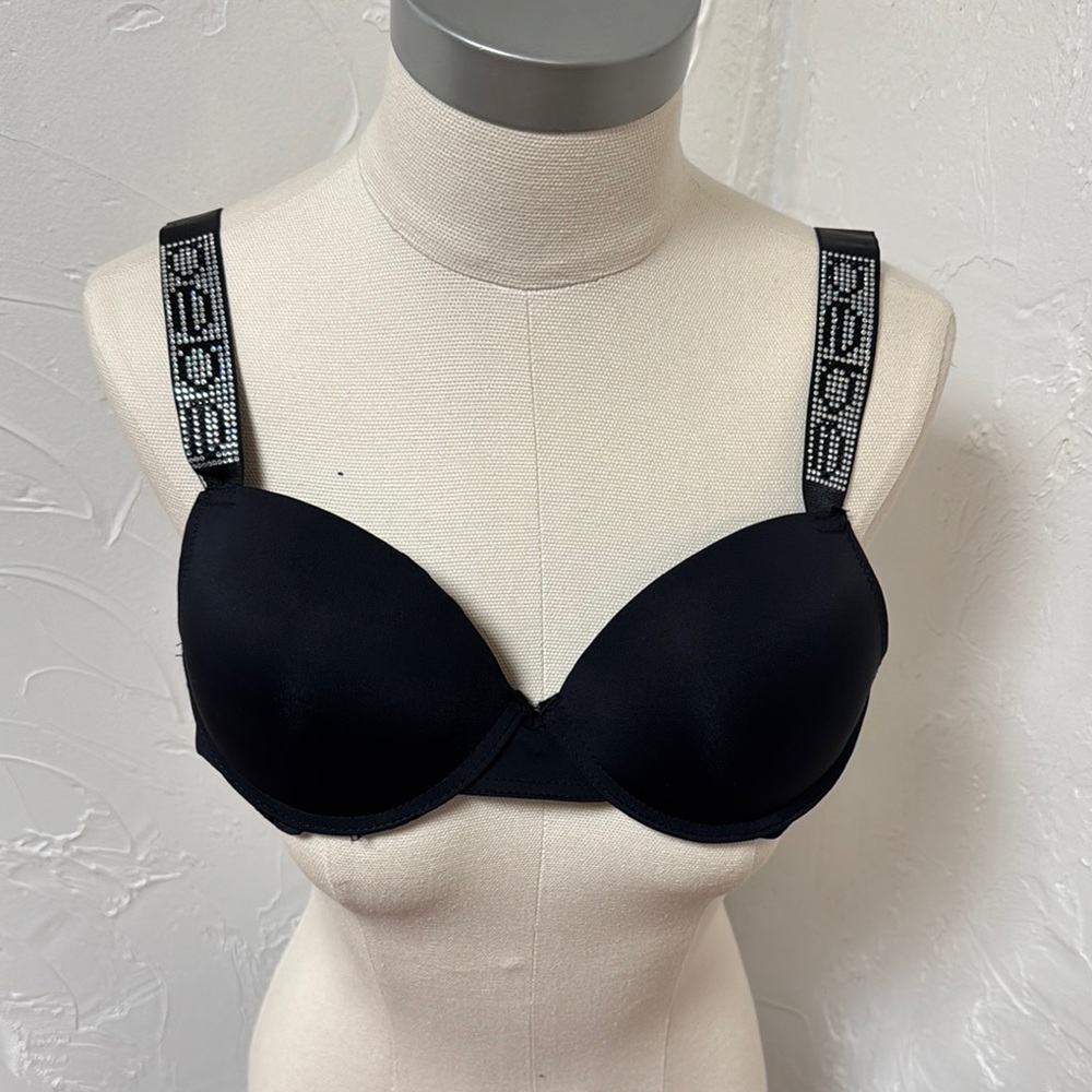 Bebe Black Bra with Decorative Straps and Modern Styling 34C